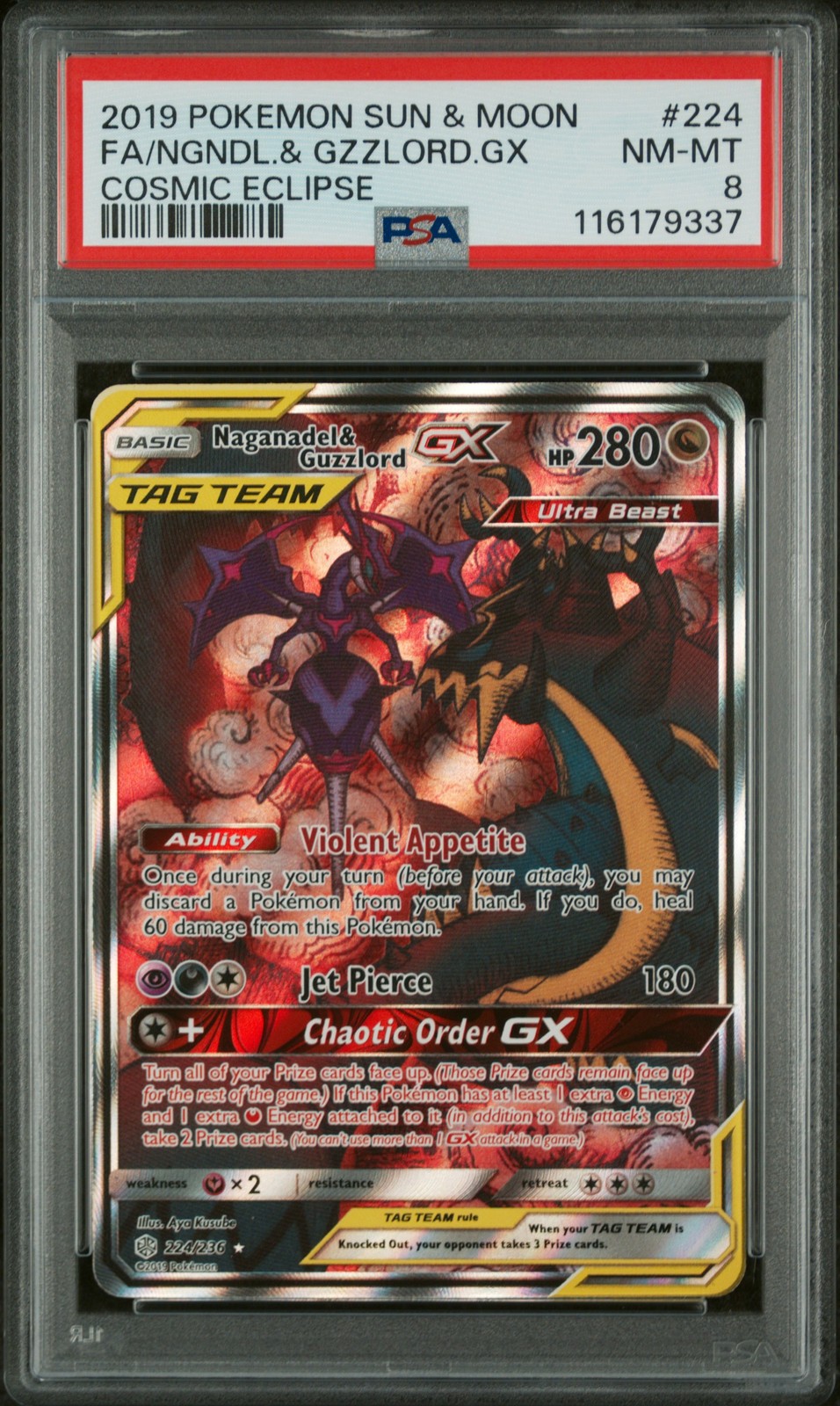 2019 POKEMON SUN & MOON COSMIC ECLIPSE FULL ART/NAGANADEL & GUZZLORD GX PSA 8
