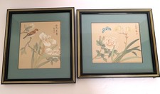 2 Vintage Chinese Watercolor Painting On Silk Framed Pictures Birds Floral Set