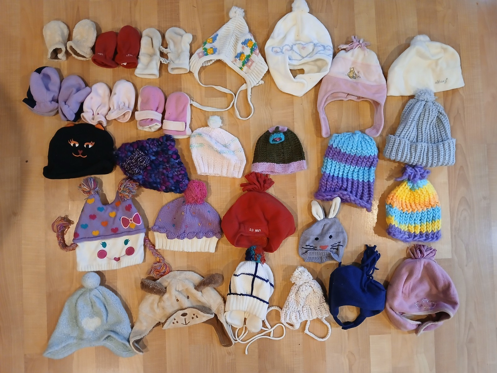 Lot of 27 Infant & Toddler Girl Winter Hats & Gloves Crochet Caps Knit Stocking