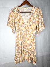 Rewind Floral Mini Dress Ivory Pink Faux Wrap Flutter Sleeve Cottagecore Boho M