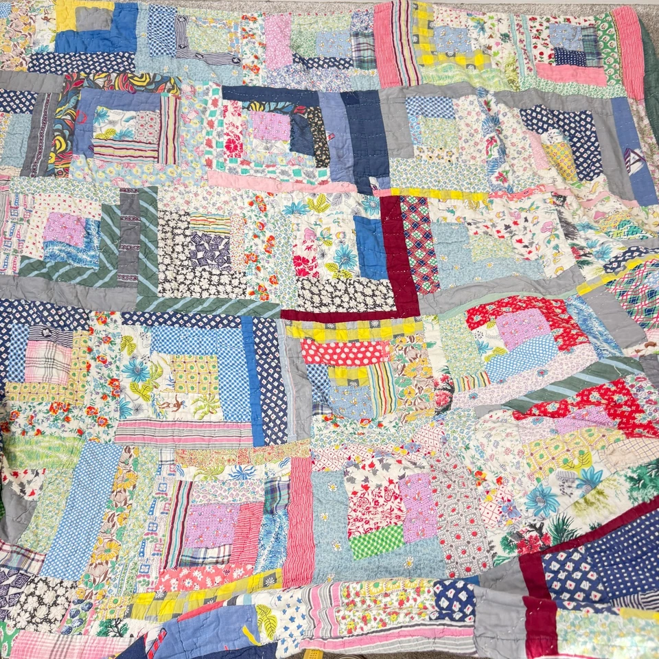 Edredón cortador hecho a mano vintage doble saco de alimentación algodón retazos cabaña de troncos desechable Foto 2 de 4