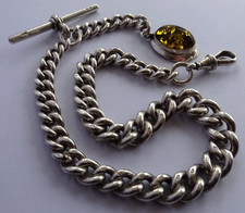 Superb Victorian solid silver pocket watch albert chain,silver & green amber fob