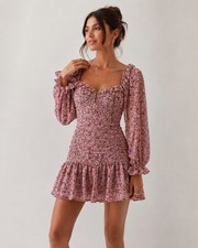 ASTR The Label Floral Ruched Mini Dress Pink Long Sleeve Cottagecore Romantic S