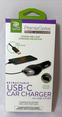ReTrak - Retractable USB-C Car Charger w/ Standard USB-A Port 12 Volts