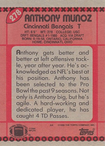 Tarjeta de fútbol americano Anthony Muñoz 1990 Topps 278 Cincinnati Bengals - Imagen 2 de 2