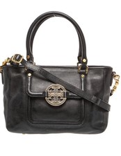 Tory Burch Amanda Black Leather Satchel /Crossbody Gold Tone Double T Logo