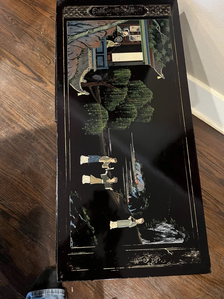 Antique Chinese Hand Painted Black Lacquer Cabinet, 27 1/2 W X 13 D. X 19 H - Image 3 of 4