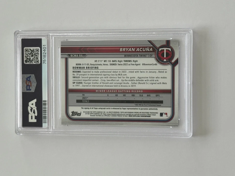 2022 Bowman Chrome Mega Box BCMA-BA Bryan Acuna - Autograph PSA 9 - Twins - Image 2 of 2