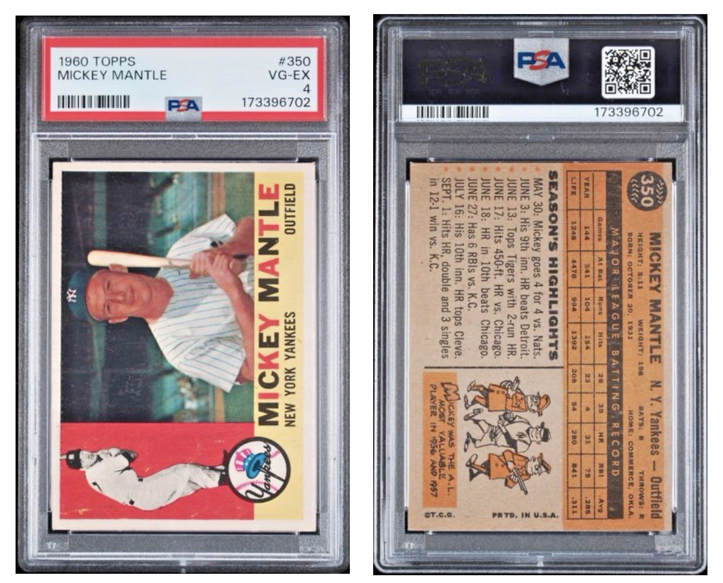 1960 TOPPS MICKEY MANTLE #350 PSA 4 view 3