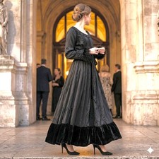 Witchy Black Satin Velvet Maxi Dress L/XL Embellished Mourning Bride Whimsigoth