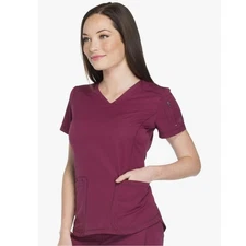 Dickies Dynamix Womens Athletic Inspired V Neck Scrub Top Stretch in Wine Sz S