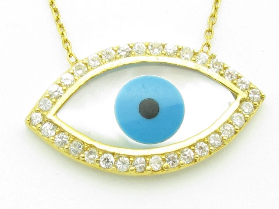 18KT YELLOW GOLD SILVER DIAMOND SET WHITE SAPPHIRE EVIL EYE KABBALAH PENDANT NEW