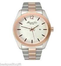 NEW KENNETH COLE S/STEEL+ ROSE GOLD TONE BAND+SILVER DIAL+DATE MENS WATCH-KC9094