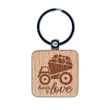 Loads of Love Construction Truck Valentine's Day Engraved Wood Square Keychain