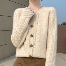 Women's 100 Wool Cashmere Round Neck Twisted Button Knit Cardigan Sweater Coat