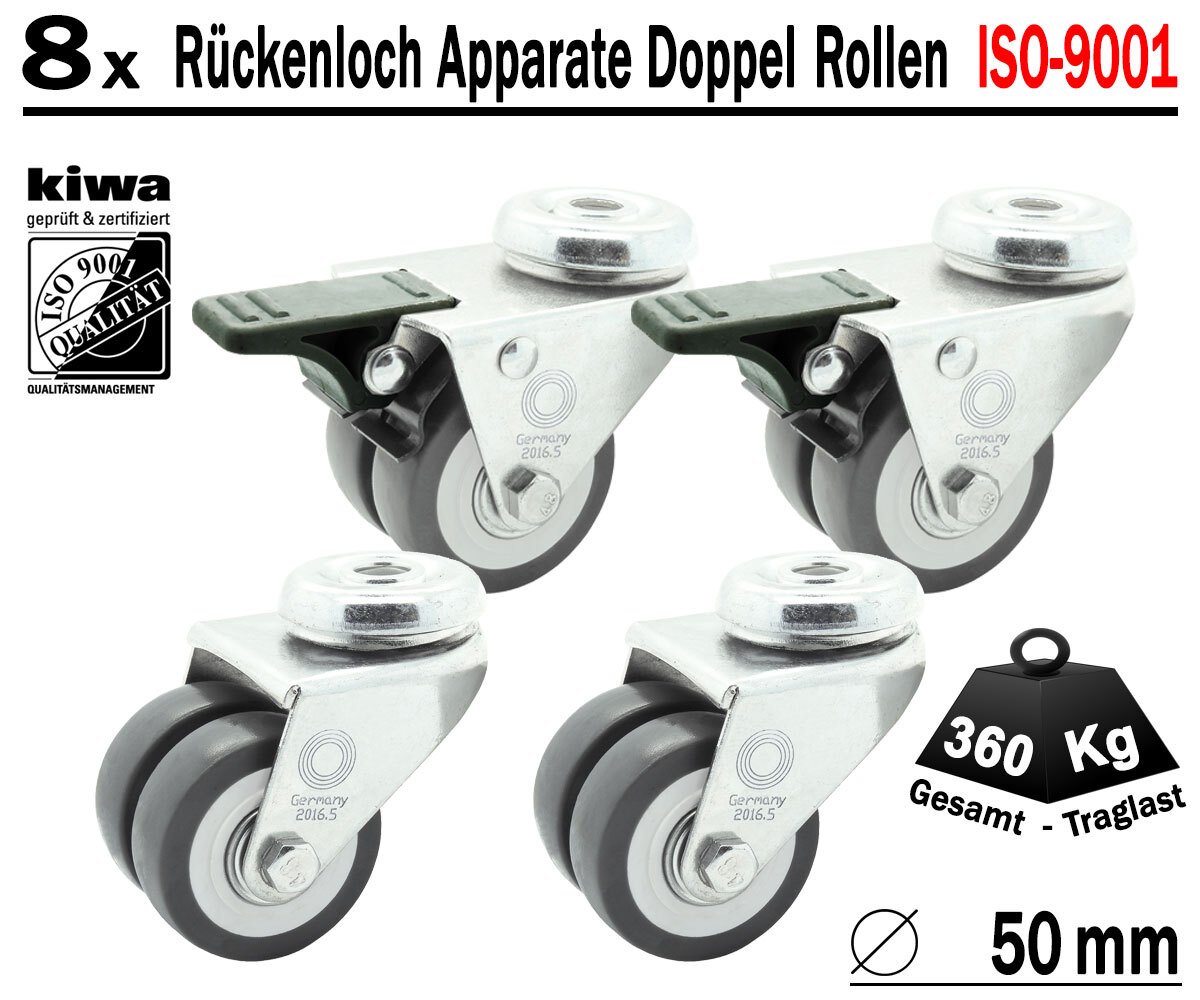 Rückenloch Doppelrollen Transport Lenk Rollen 8 x Ø 50mm Br-Le BS-Rollen Germany