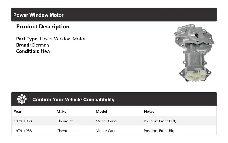 For 1979-1988 Chevrolet Monte Carlo Dorman Power Window Motor 1980 1981 1982 - Image 2 of 4