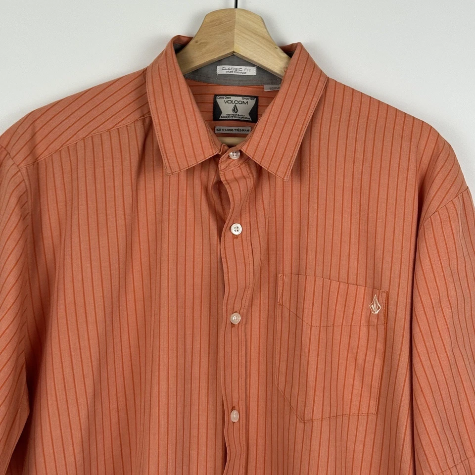 Volcom Classic Fit Button Up Shirt Striped Orange Mens XL - Image 2 of 4