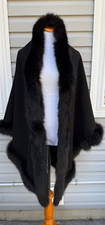 UNBRANDED BLACK Triangular CAPE All Around Genuine Fox Fur TRIM, WRAP PONCHO OS