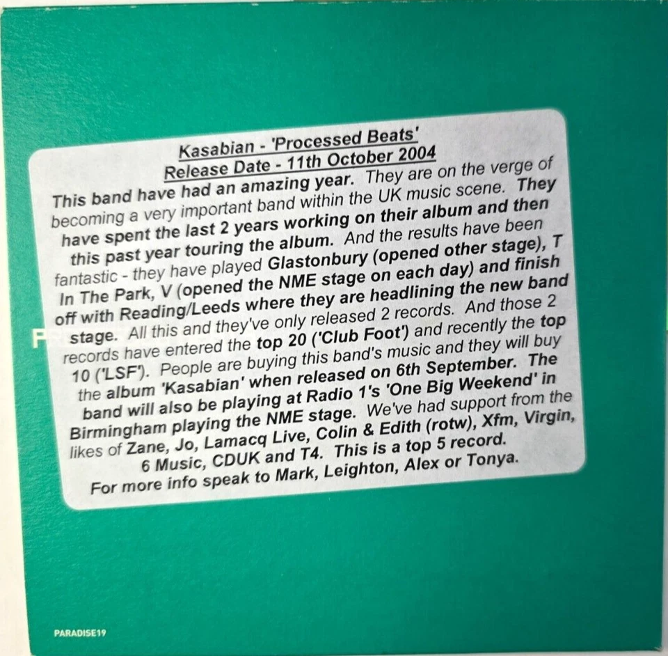 Kasabian – Processed Beats CD Single PROMO in Card Sleeve on RCA Rock 2004 Foto 3 de 4