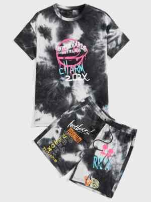 SHEIN Men Tie Dye Cartoon And Letter Graphic Tee &Drawstring - Main Image