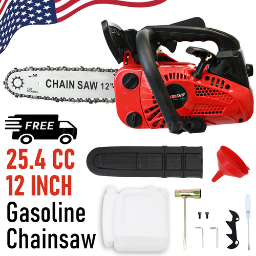 25.4cc Gas Top Handle Chainsaw with 12'' Bar Chain 2-Stroke Engine Cut Tree Wood