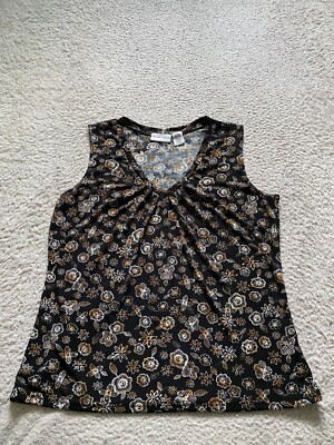 Jaclyn Smith Women Floral Sleeveless V-Neck Pleated Tank Top Black Size L