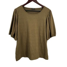 Talbots Top Olive Green Textured Fabric Puff Sleeves Crew Neck Plus 1X