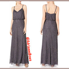 NEW Adrianna Papell Art Deco Beaded Blouson Gown in Gunmetal/Gold SZ 10P  P1