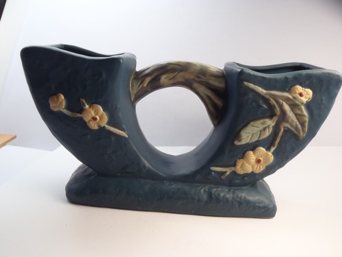 Reproduction Roseville Pottery Apple Blossom Blue 2 Sided Planter Vase 757 4" - Picture 11 of 20