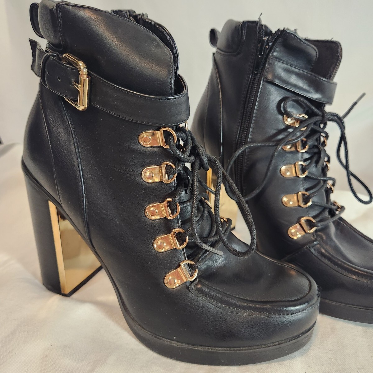 Torrid Black And Gold Wide Lace Up High Heel Combat Boots Women's