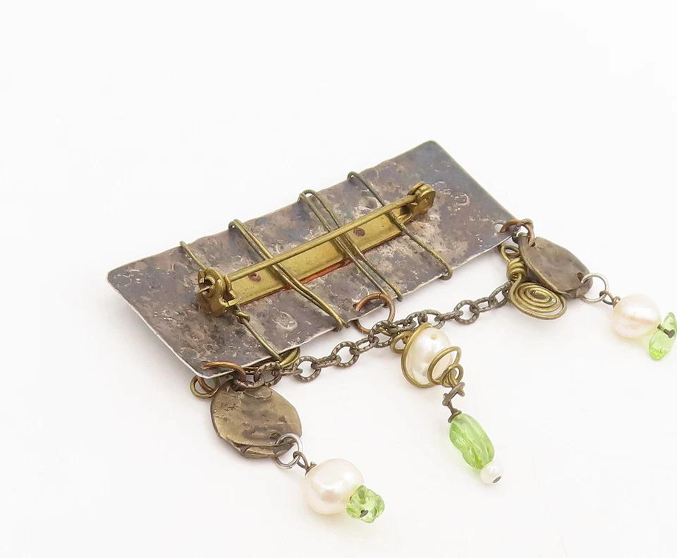 925 Sterling Silver Vintage Brooch Pin Handmake Dangling Pearls Peridot BP10584 - Image 3 of 4