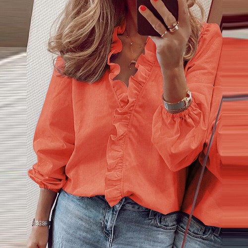 Womens Ruffle V-Neck T-Shirt Ladies Long Sleeve Blouse Casual Loose Shirts Tops - Picture 14 of 18