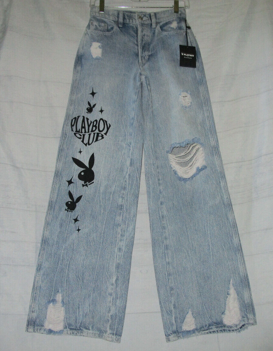 PLAYBOY 24 NWT Vtg Wash Denim Distressed Graphic Wide Leg
