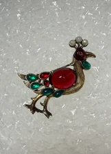 Crown Trifari Signed Peacock Brooch Red Green Pearl Rhinestone Golden Tone Vtg
