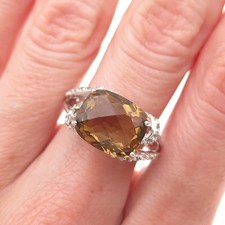 925 Sterling Silver Real Smoky Quartz  White Topaz Ring Size 7.25