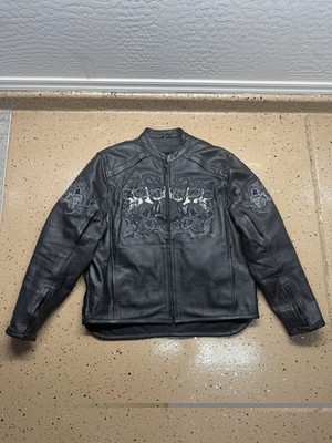 Rare Leather Xelement Black Motorcycle Jacket with Skull Embroideries