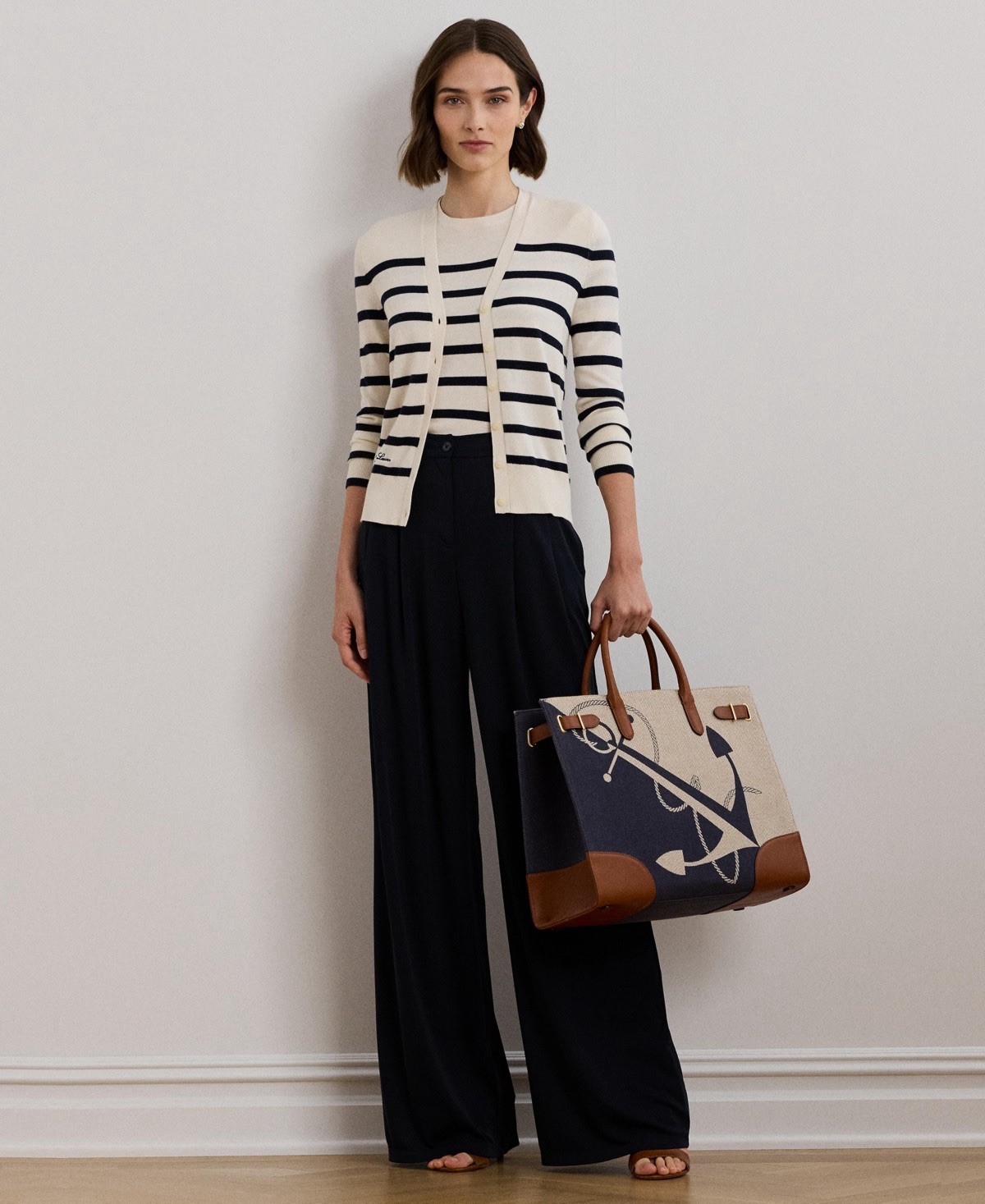 $145 Lauren Ralph Woman’s Pleated Stretch Jersey Wide-Leg Pants Navy Size 4 image 3