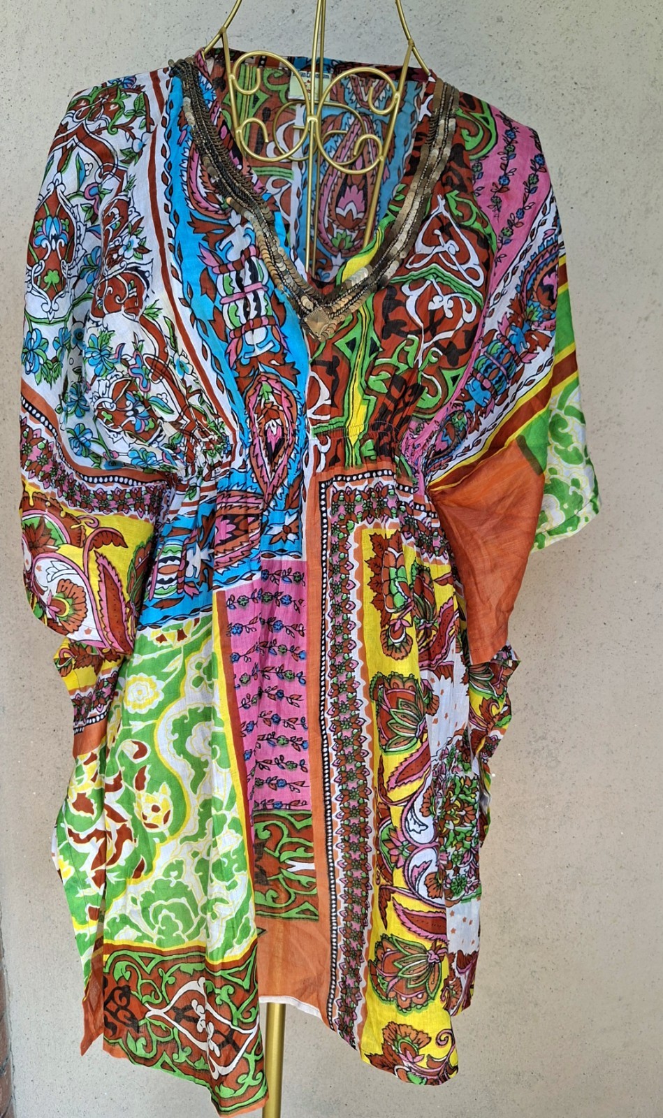 Indian Emporium Abito Caftano Donna Paisley Multicolore Cotone Scollo V