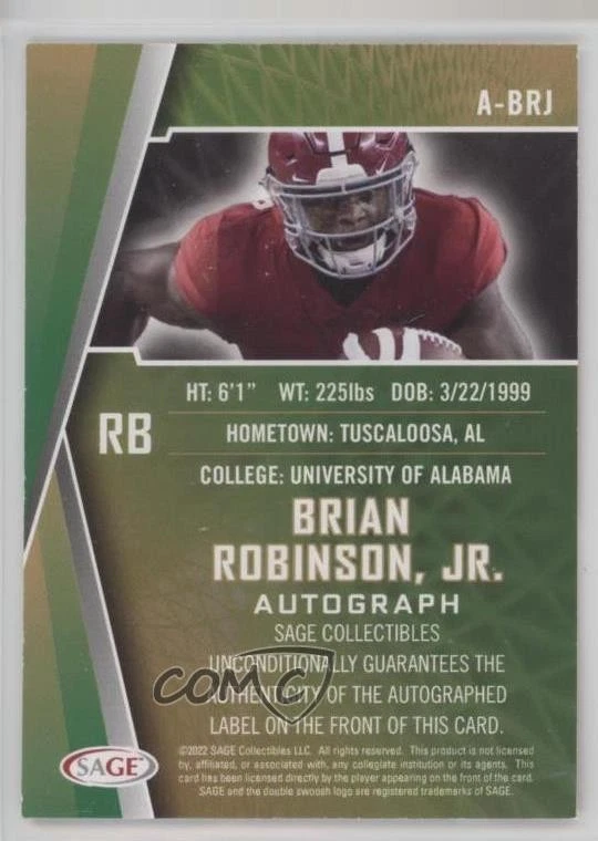 2022 SAGE High Series Auto Red Brian Robinson Jr #A-BRJ Rookie Auto RC - Image 2 of 2