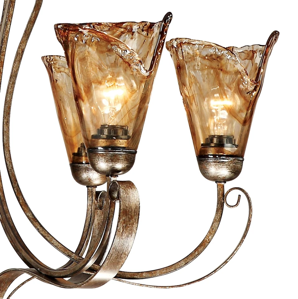 Lámpara de araña de bronce con pergamino ámbar 31 1/2" de ancho de vidrio artístico 6 luces de cocina Foto 3 de 4