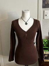 Women s Brown Long Sleeve Ruched V-Neck Bodysuit Stretch Size M
