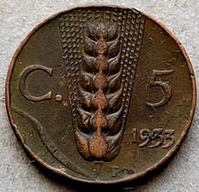 1933 R Italy 5 Centesimi Red Bronze About Uncirculated Coin-Nice  KM#59