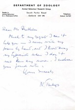 BIOLOGIST Niko Tinbergen NOBEL PRIZE in 1973 autograph letter signed