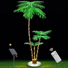 OUSHENG Solar Lighted Palm Tree Outside Patio 6' 3 Trunks Outdoor Christmas Deco