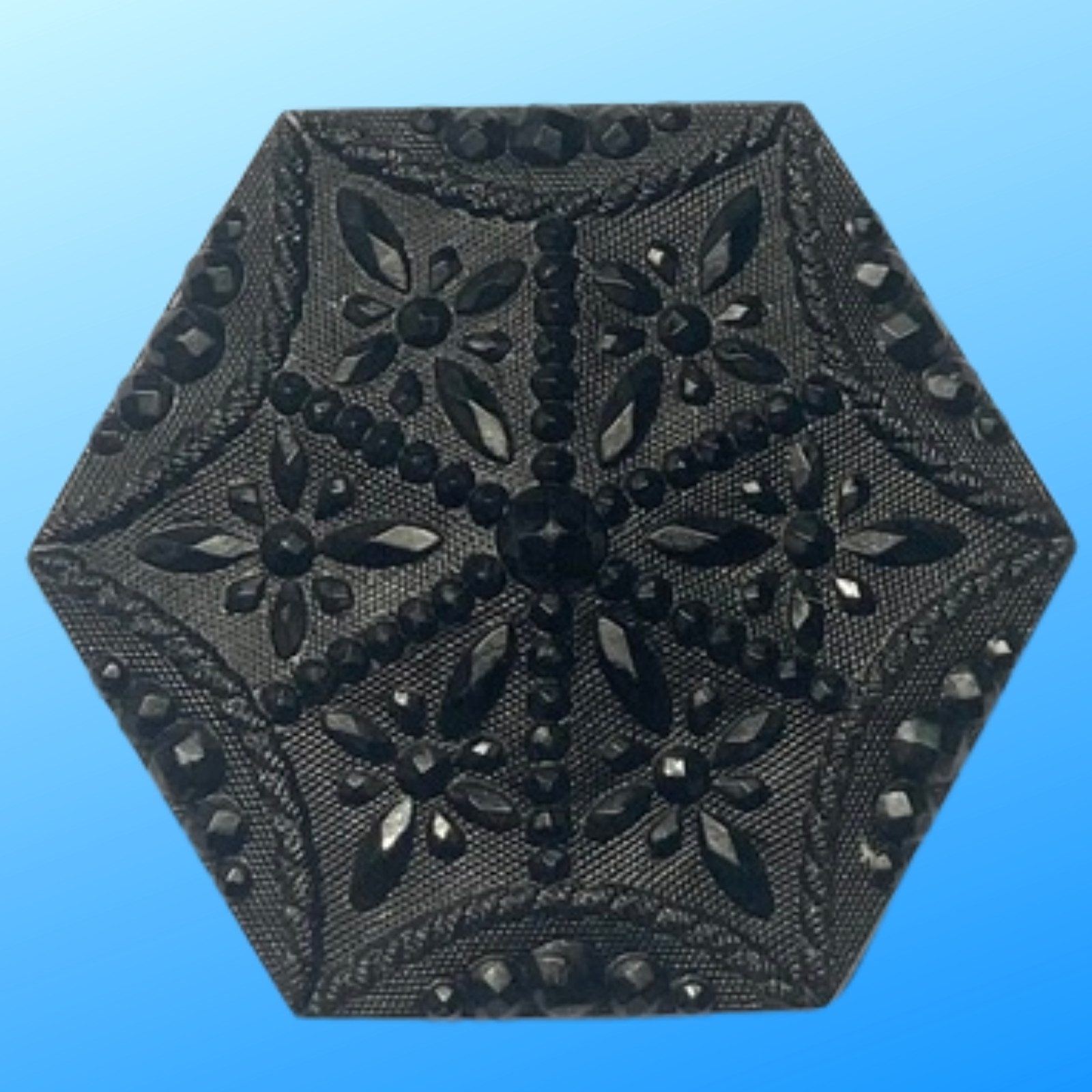 LG Med Deknatel 19th Century Hexagonal Black Glass Lacy Button