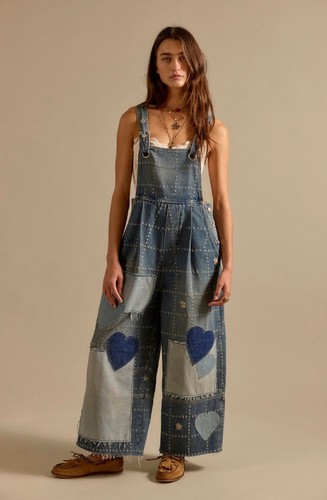 Free People We The Free Rambler Novelty Overalls Heart Appliques Denim M NWT