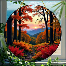 Large Acrylic Autumn Forest Suncatcher-2D-Vintage Mountain-Stained Glass Look-8"