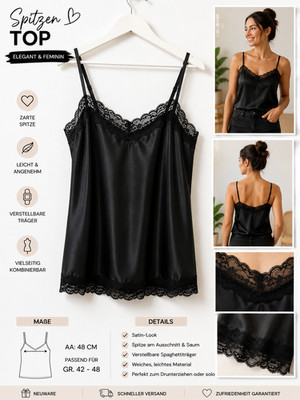 Spitzen Top Schwarz Satin-Look Damen Cami Trägertop Gr. 38 46 Neu Elegant