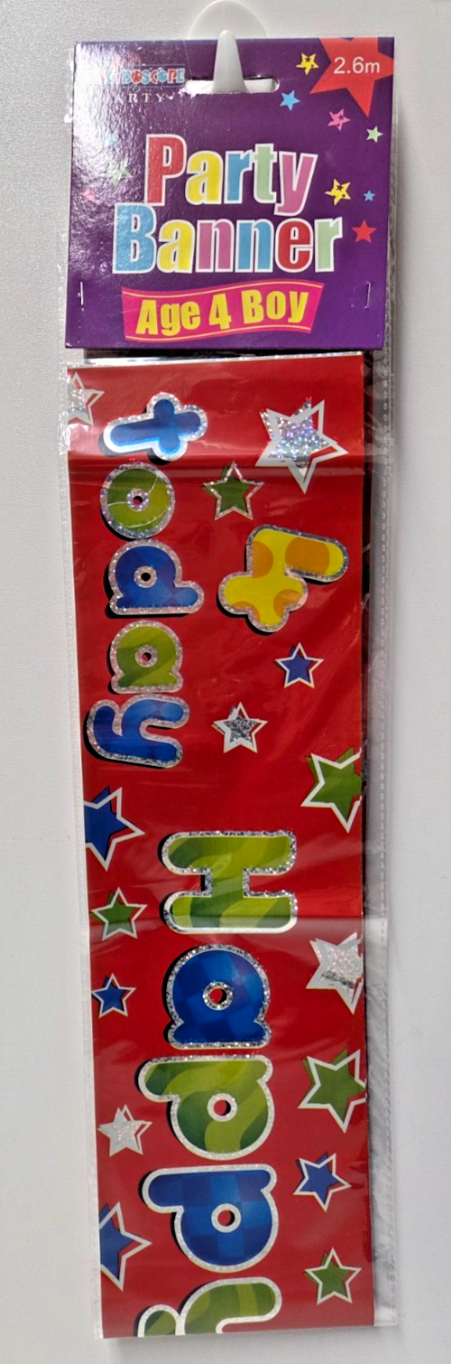 Age 4 Happy 4th Birthday Today Red Blue Green 2.6m foil Banner Party Holographic
